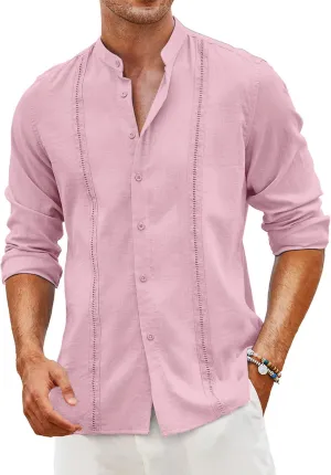 COOFANDY Men's Cuban Guayabera Shirts Casual Long Sleeve Button Down Shirts Band Collar Linen Summer Beach Shirts