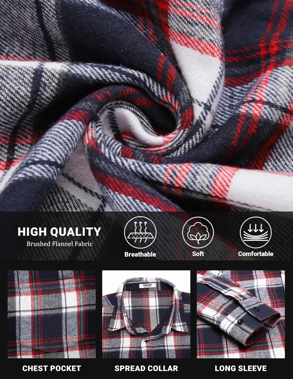 COOFANDY Mens Flannel Shirts Long Sleeve Button Down Shirt with Pocket Casual Shirts Work Shirts for Men