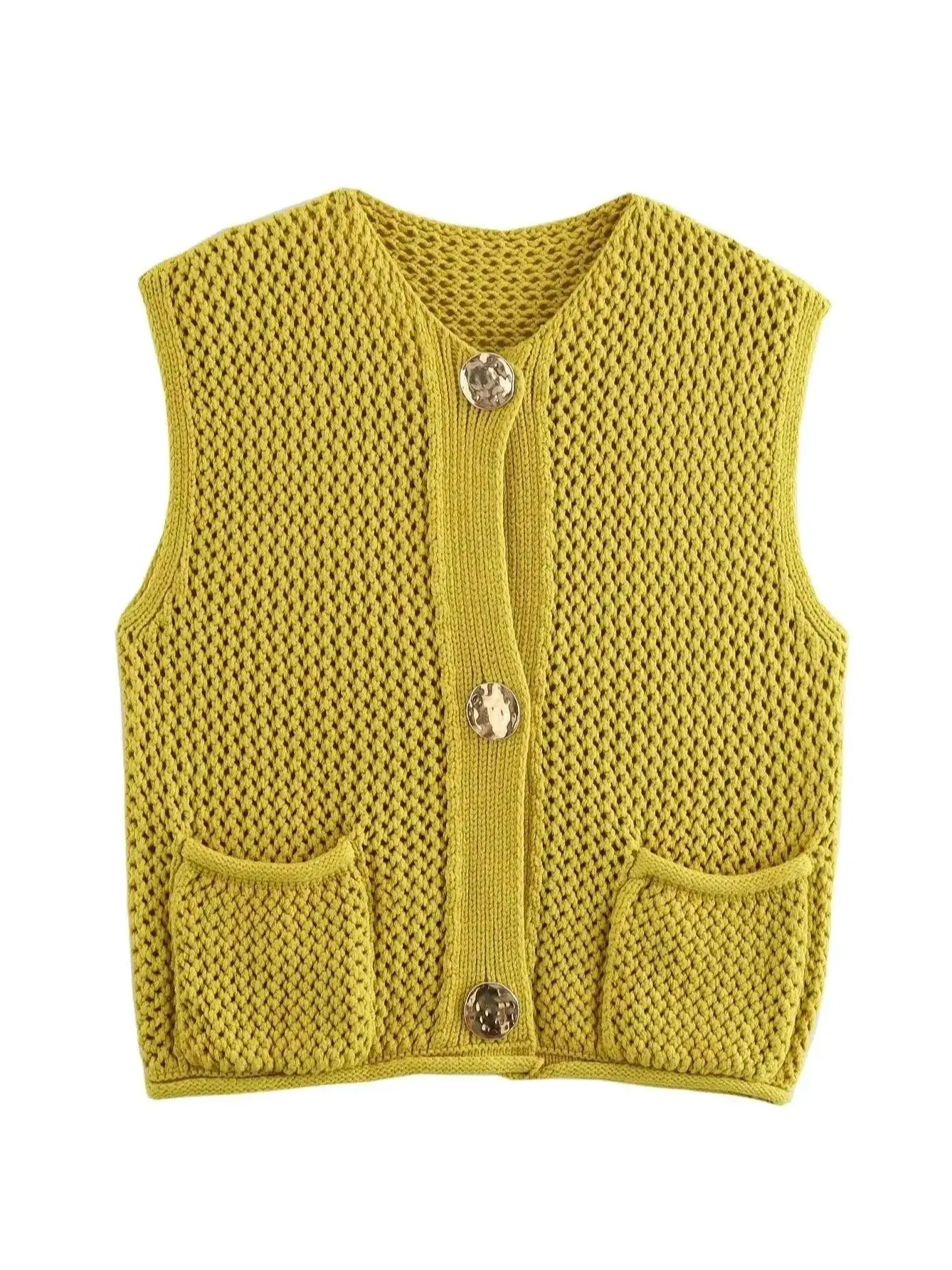 Cropped Chunky Knit Top Sleeveless Front Button Patch Pockets Waistcoat