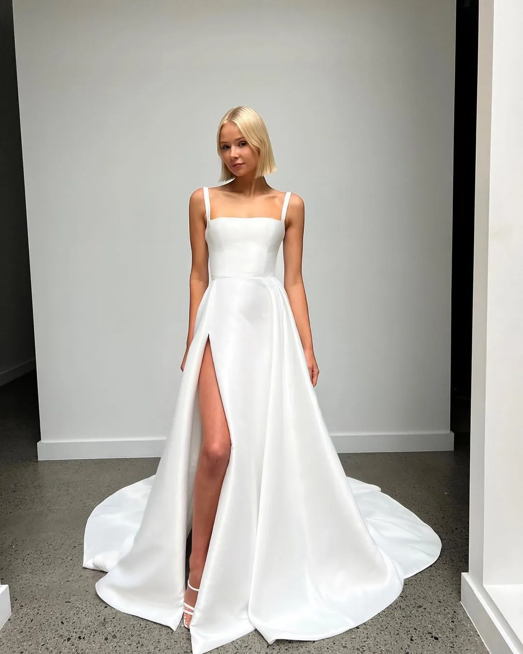 Cute A Line Square Neck Satin Wedding Dresses with Slit VK23060505