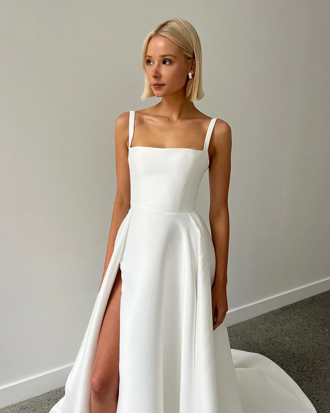 Cute A Line Square Neck Satin Wedding Dresses with Slit VK23060505