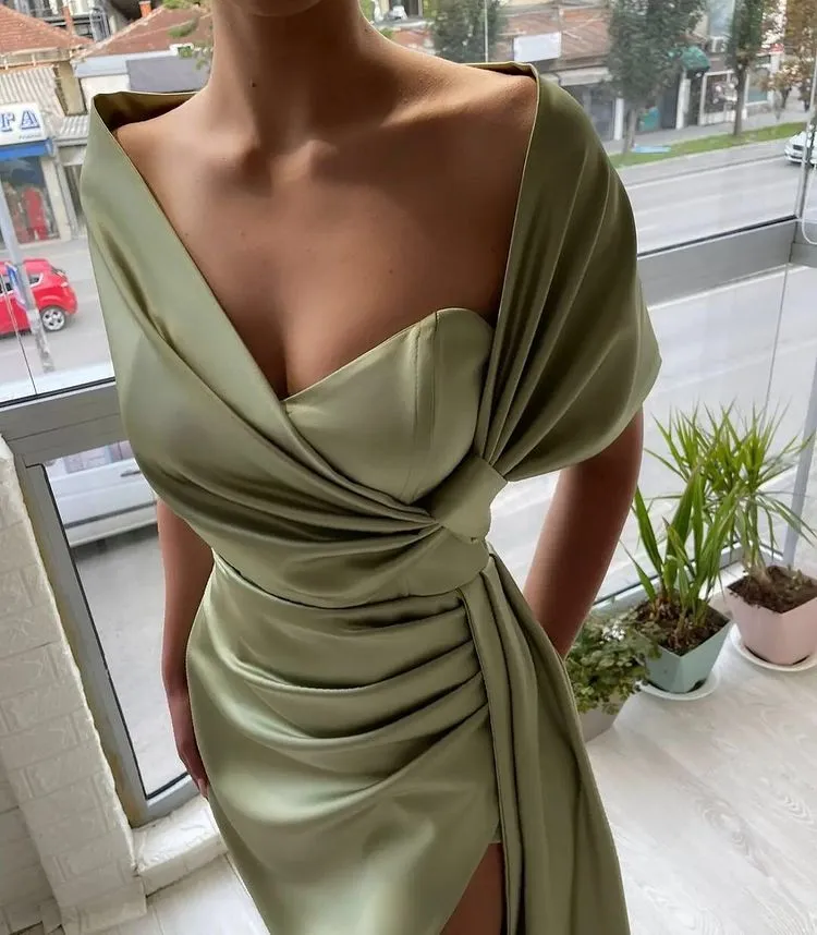 Dusty Sage Portrai Ruched Satin Slit Prom Dress