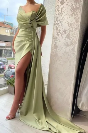 Dusty Sage Portrai Ruched Satin Slit Prom Dress