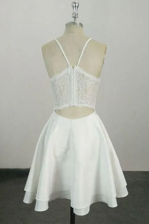 Elegant White V Neck Knee Length Short Prom Dress Homecoming Dress