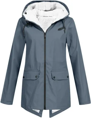 Fleece Lined Raincoat for Women Solid Color Waterproof Jackets with Hood Lightweight Outdoor Windbreaker Jacket