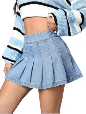 Floerns Women's Casual High Waisted Pleated Hem Zipper Up Denim Skirt Short Skirts