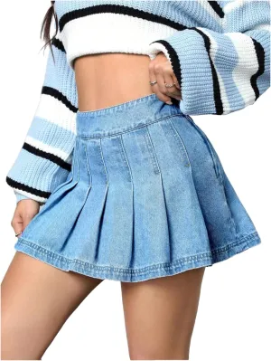 Floerns Women's Casual High Waisted Pleated Hem Zipper Up Denim Skirt Short Skirts