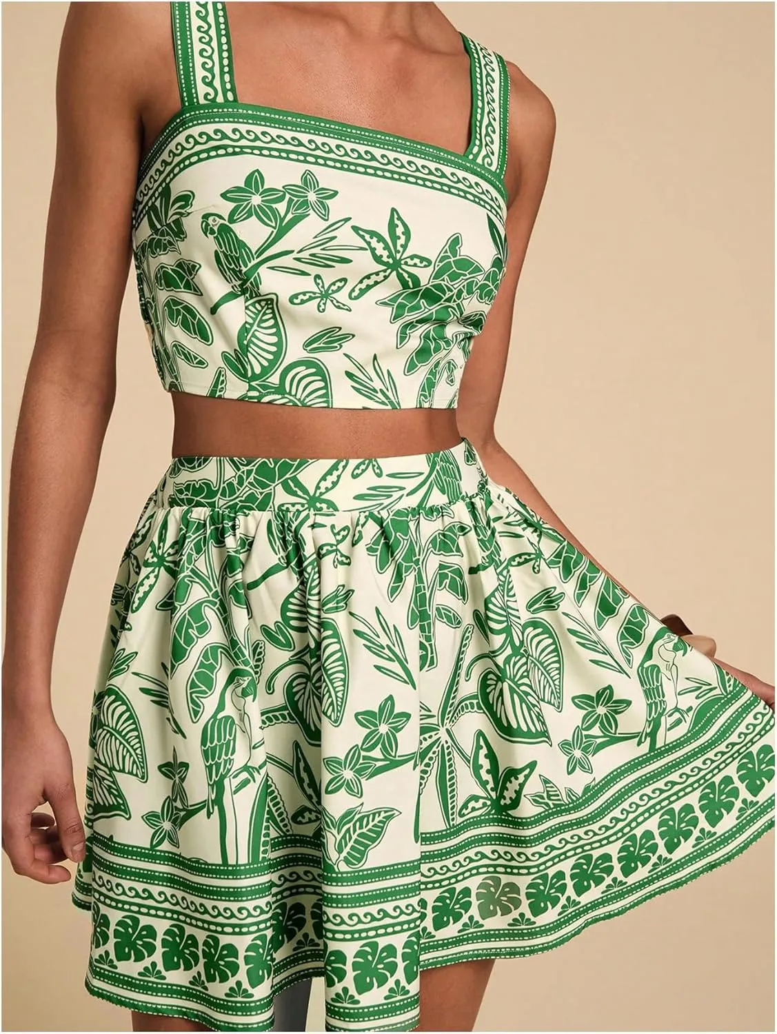 Floerns Women's Two Piece Outfit Tropical Crop Cami Top and Summer Skirts Set