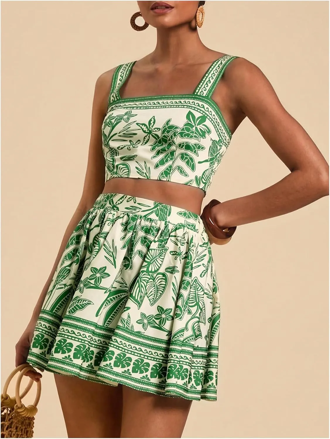 Floerns Women's Two Piece Outfit Tropical Crop Cami Top and Summer Skirts Set