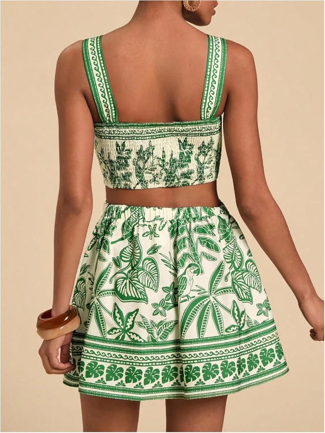 Floerns Women's Two Piece Outfit Tropical Crop Cami Top and Summer Skirts Set