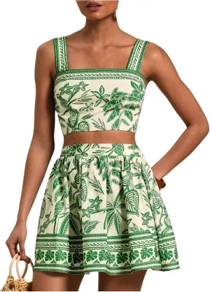Floerns Women's Two Piece Outfit Tropical Crop Cami Top and Summer Skirts Set
