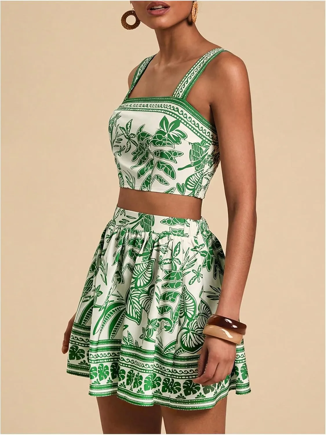 Floerns Women's Two Piece Outfit Tropical Crop Cami Top and Summer Skirts Set