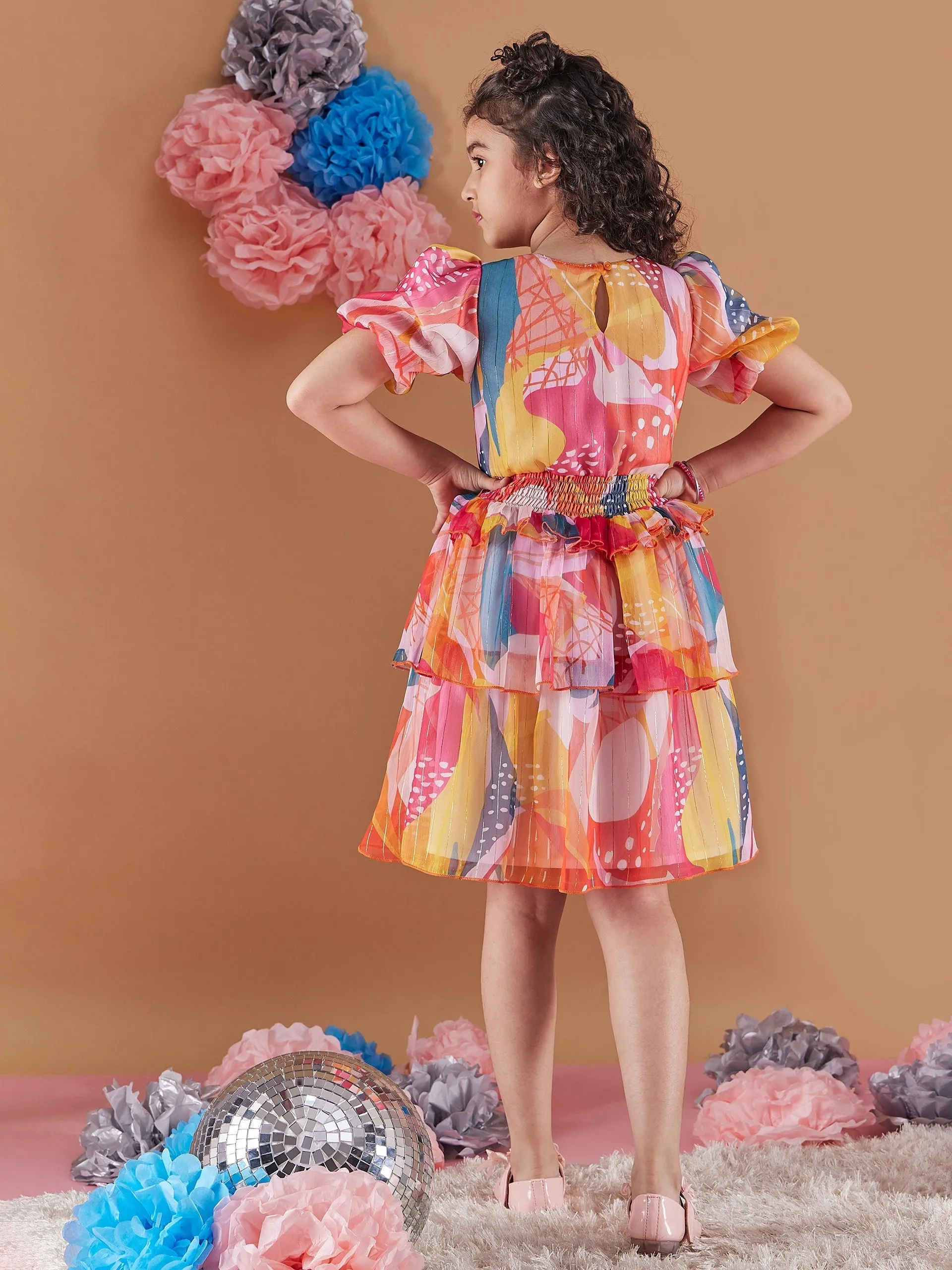 Girls Abstract Print Puff Sleeves Chiffon Fit Flare Dress - PS Peaches