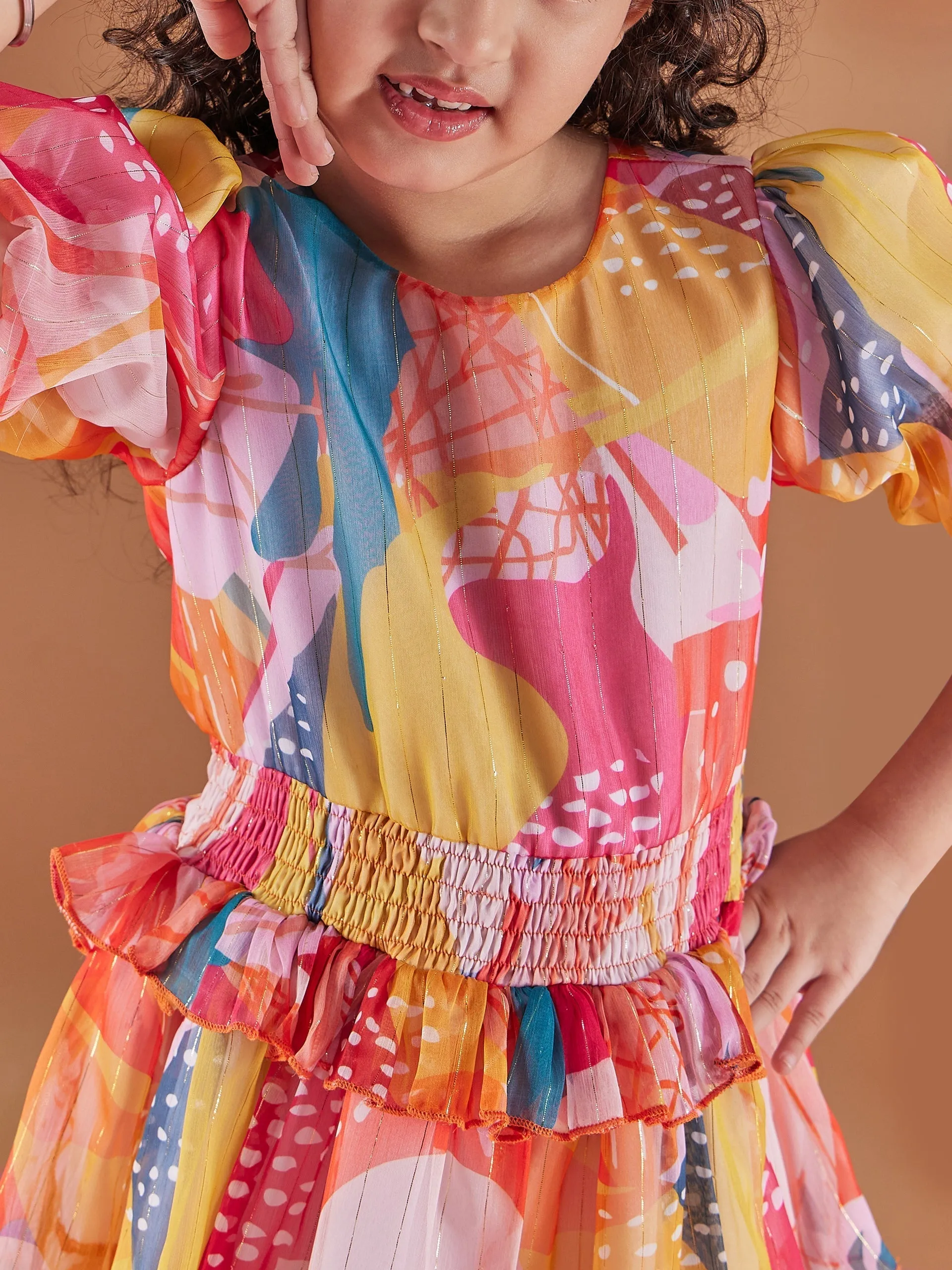 Girls Abstract Print Puff Sleeves Chiffon Fit Flare Dress - PS Peaches
