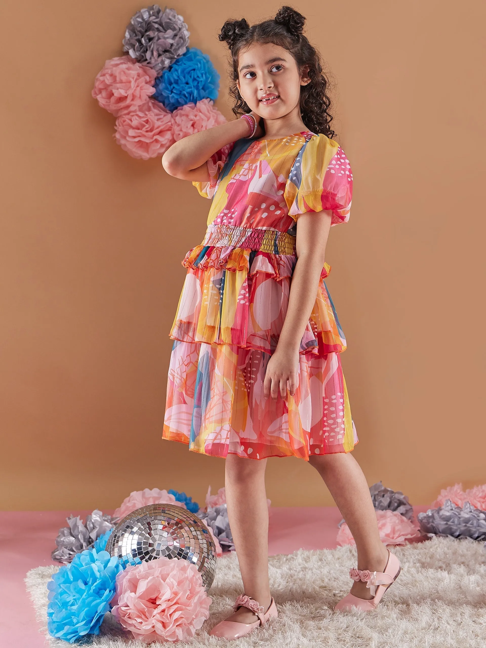Girls Abstract Print Puff Sleeves Chiffon Fit Flare Dress - PS Peaches
