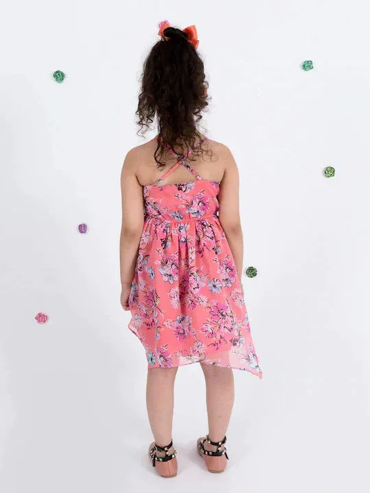 Girls Coral Floral Chiffon Dress - Ps Peaches