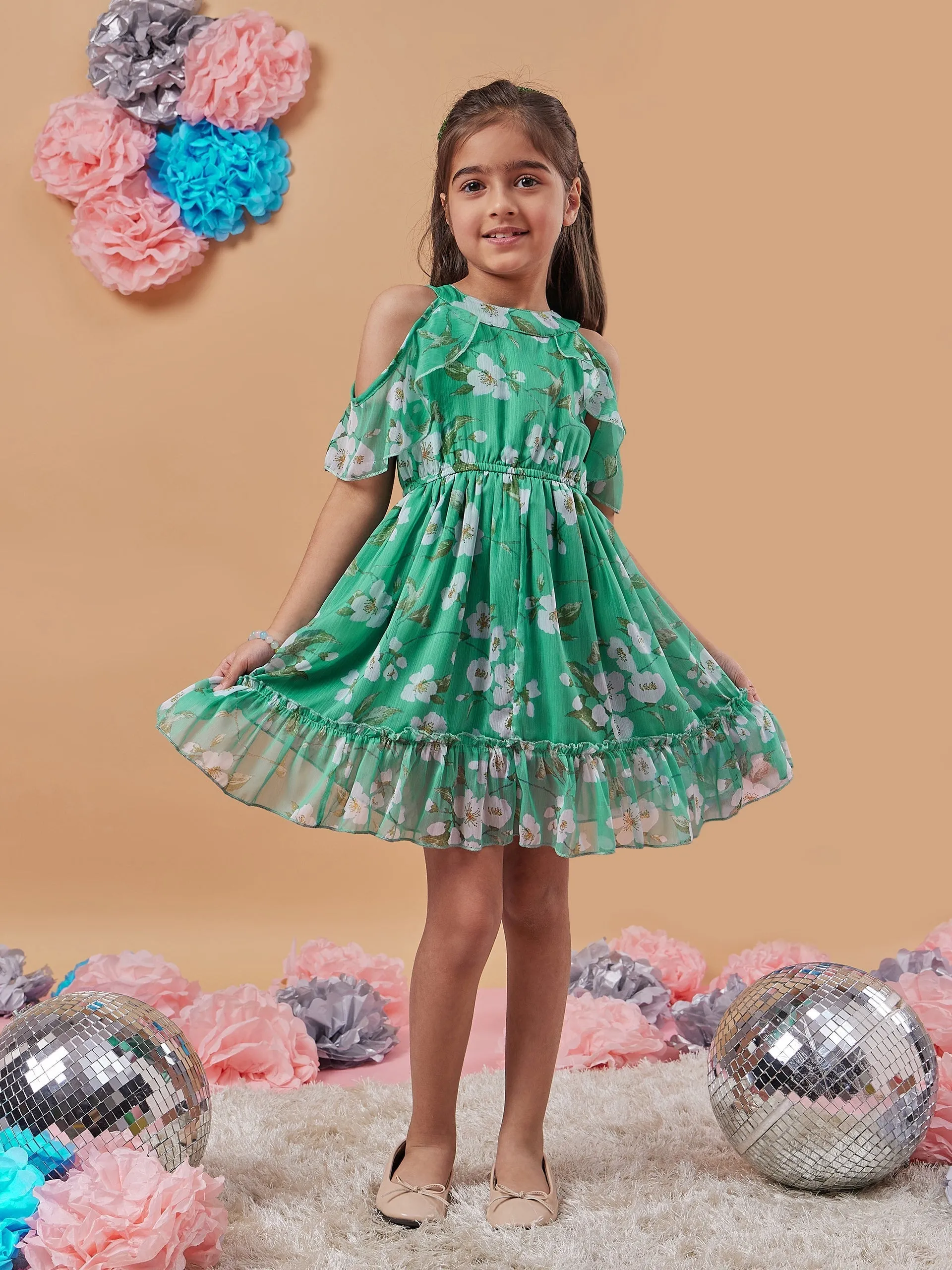 Girls Floral Printed Cold-Shoulder Sleeves Fit Flare Dress - PS Peaches
