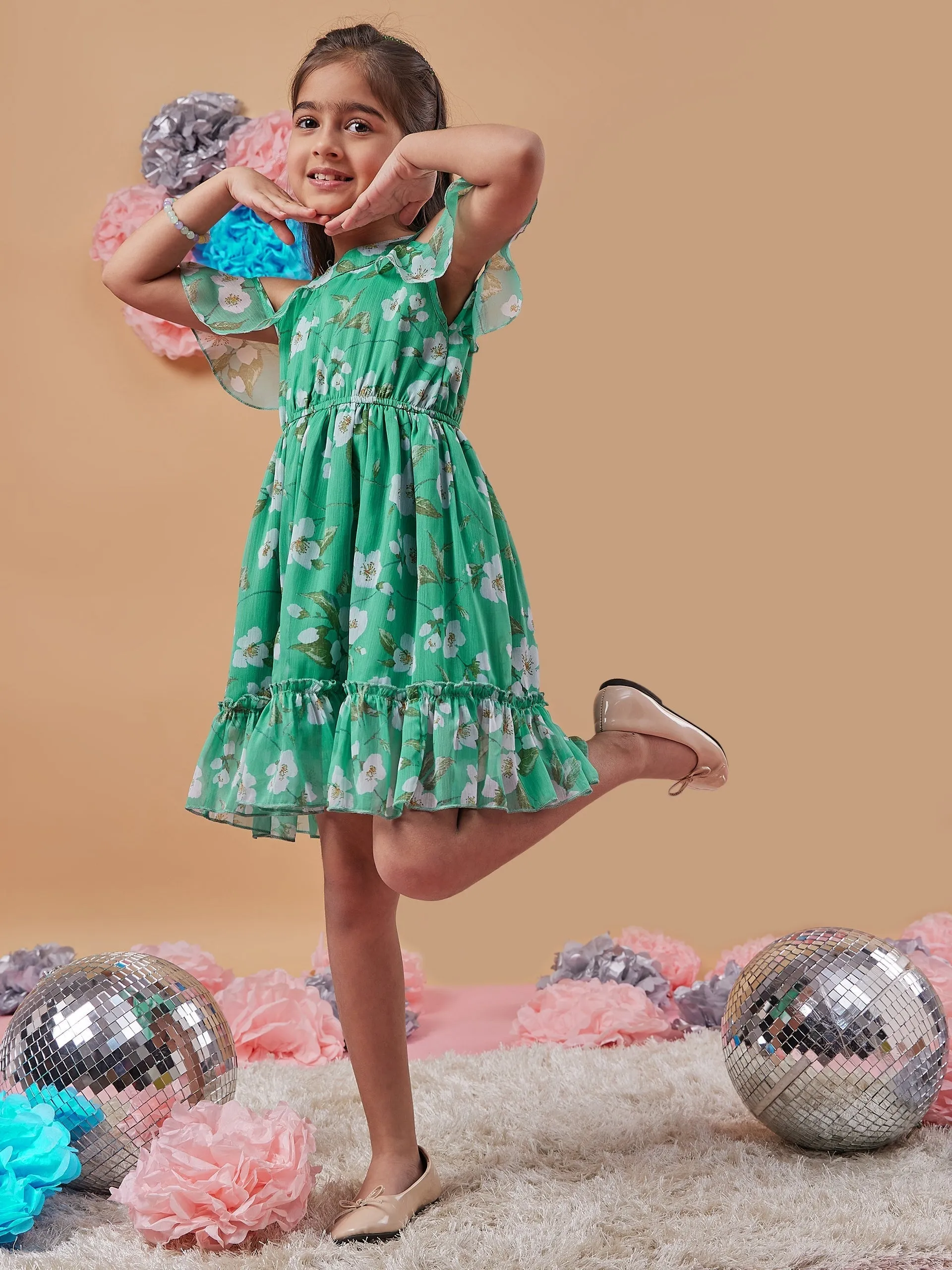Girls Floral Printed Cold-Shoulder Sleeves Fit Flare Dress - PS Peaches