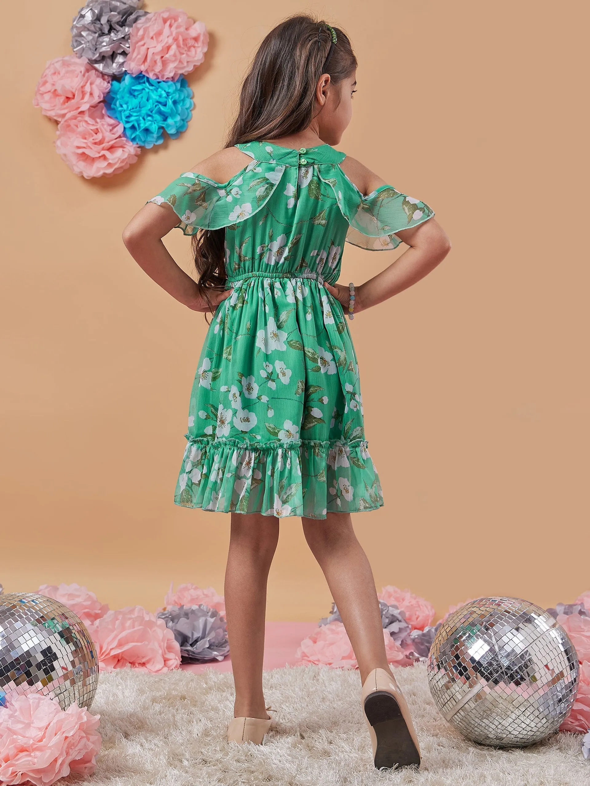 Girls Floral Printed Cold-Shoulder Sleeves Fit Flare Dress - PS Peaches