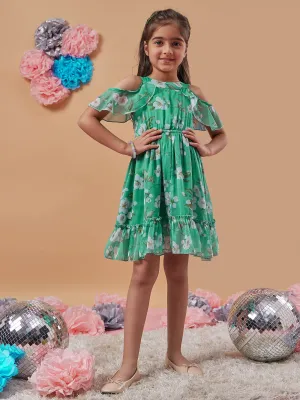 Girls Floral Printed Cold-Shoulder Sleeves Fit Flare Dress - PS Peaches