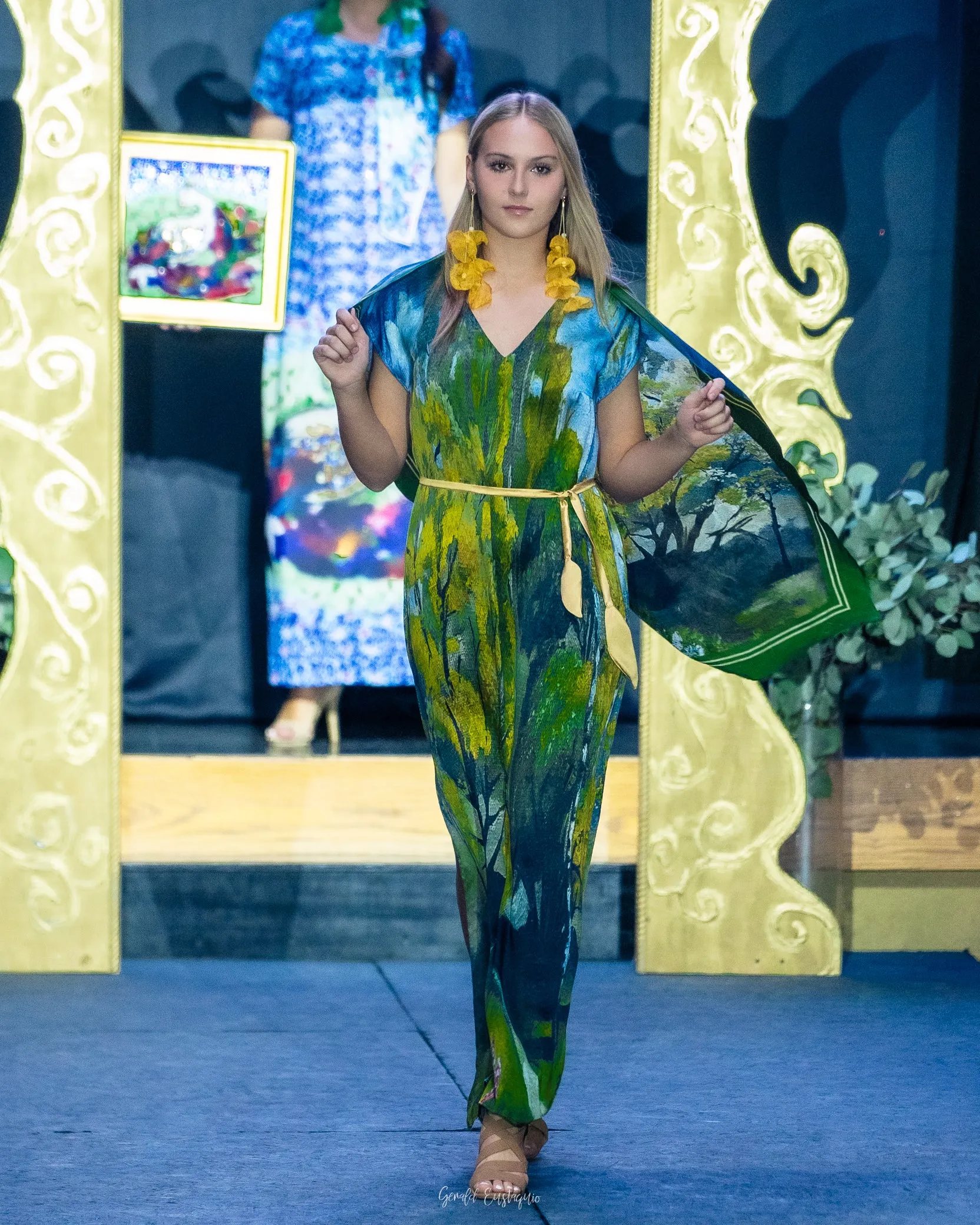 GOLD MEADOW 100% Silk Maxi Art-A-Porte Caftan Dress