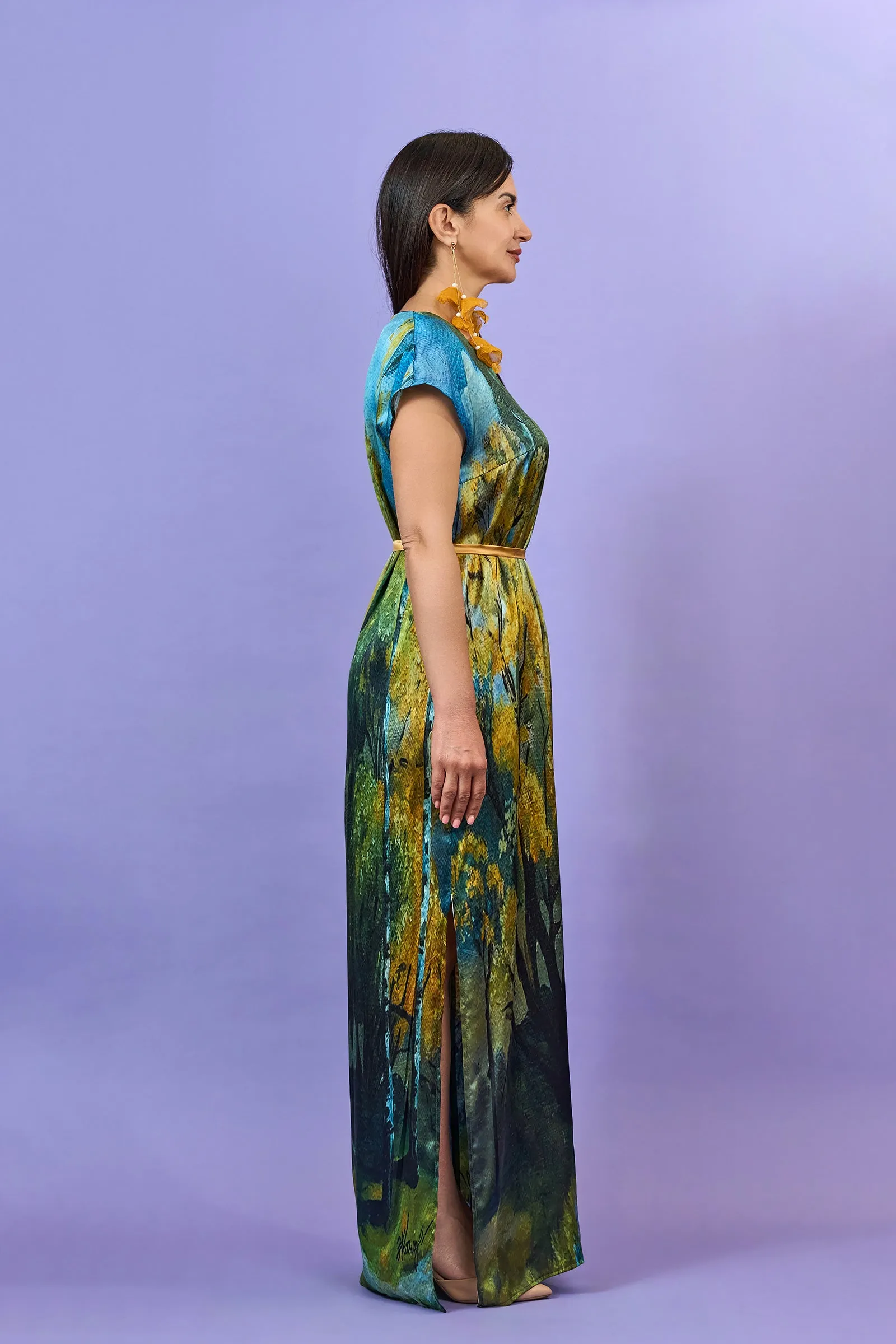GOLD MEADOW 100% Silk Maxi Art-A-Porte Caftan Dress