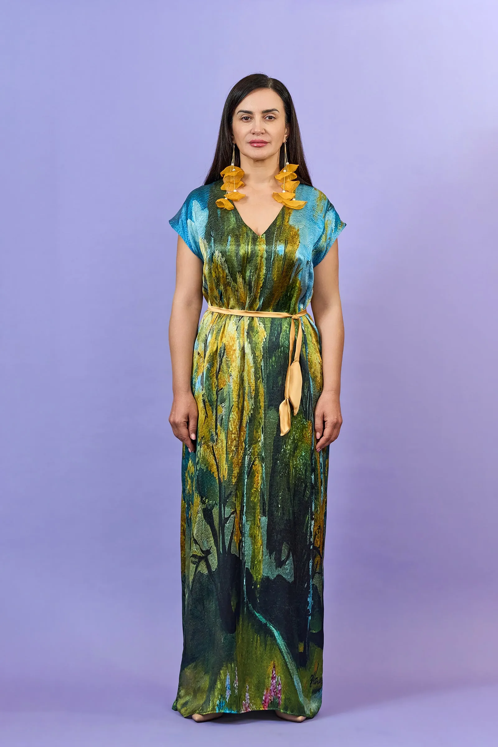 GOLD MEADOW 100% Silk Maxi Art-A-Porte Caftan Dress