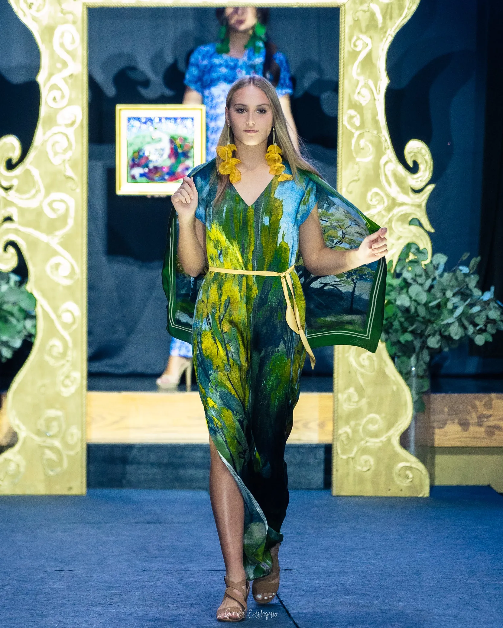 GOLD MEADOW 100% Silk Maxi Art-A-Porte Caftan Dress