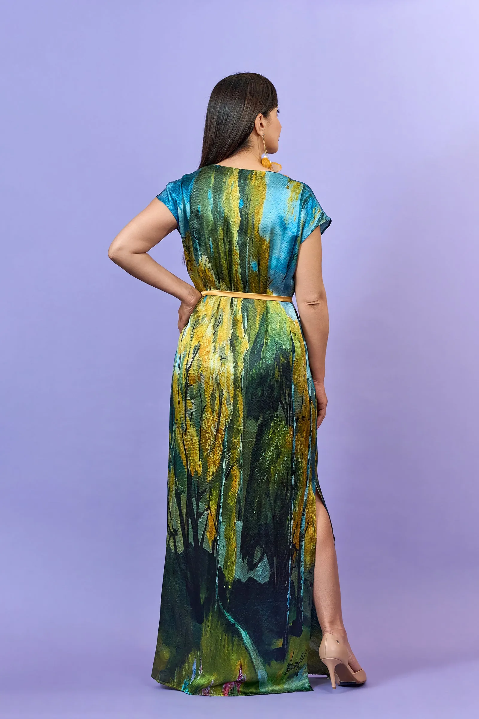 GOLD MEADOW 100% Silk Maxi Art-A-Porte Caftan Dress