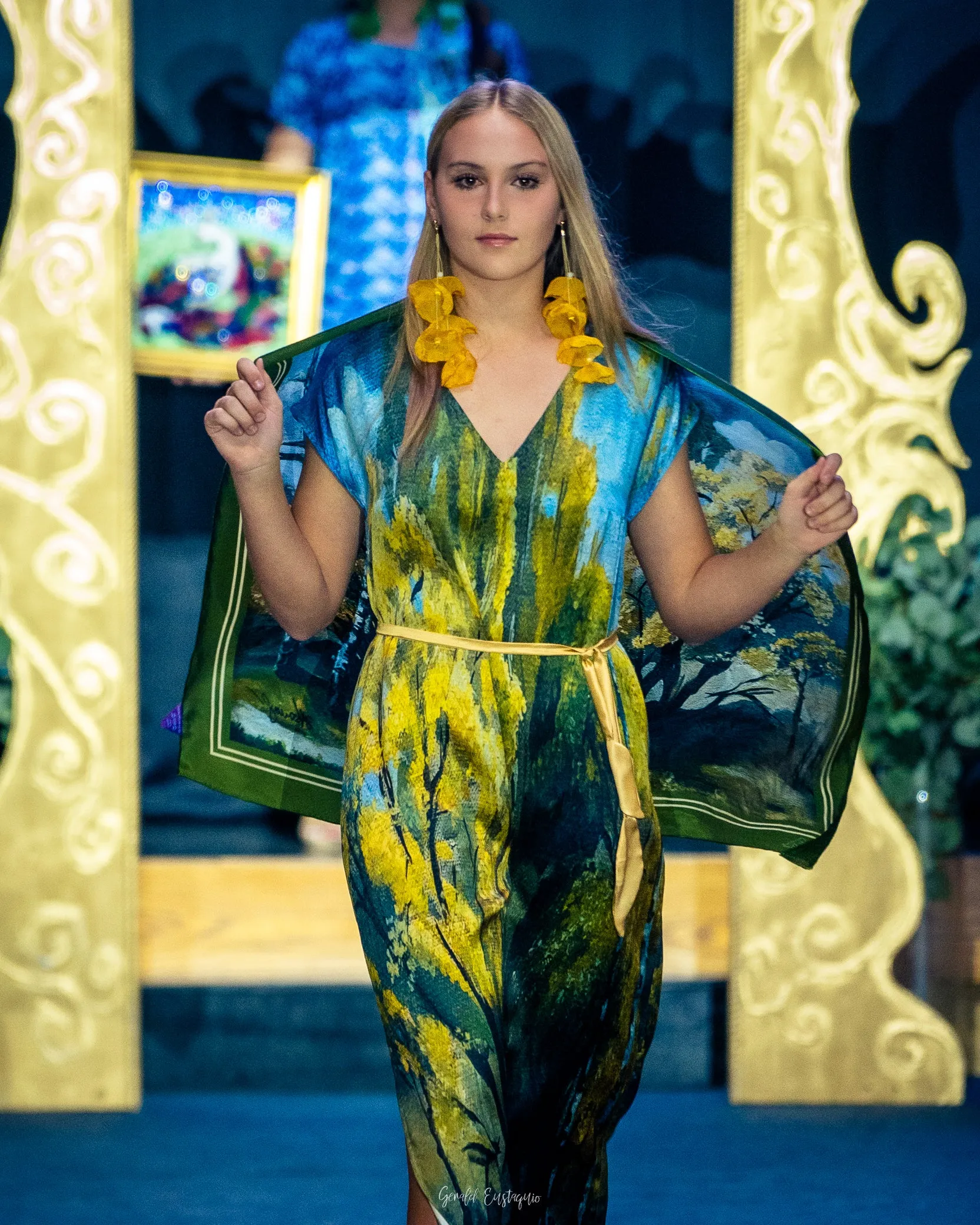 GOLD MEADOW 100% Silk Maxi Art-A-Porte Caftan Dress