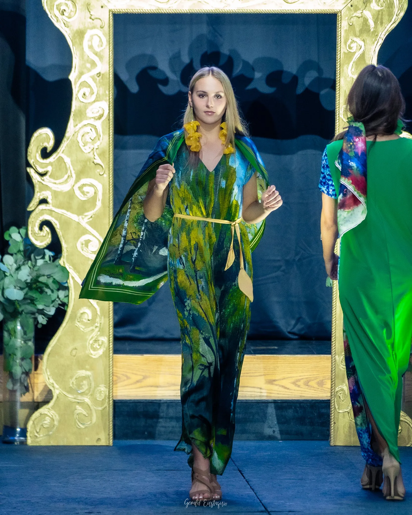 GOLD MEADOW 100% Silk Maxi Art-A-Porte Caftan Dress