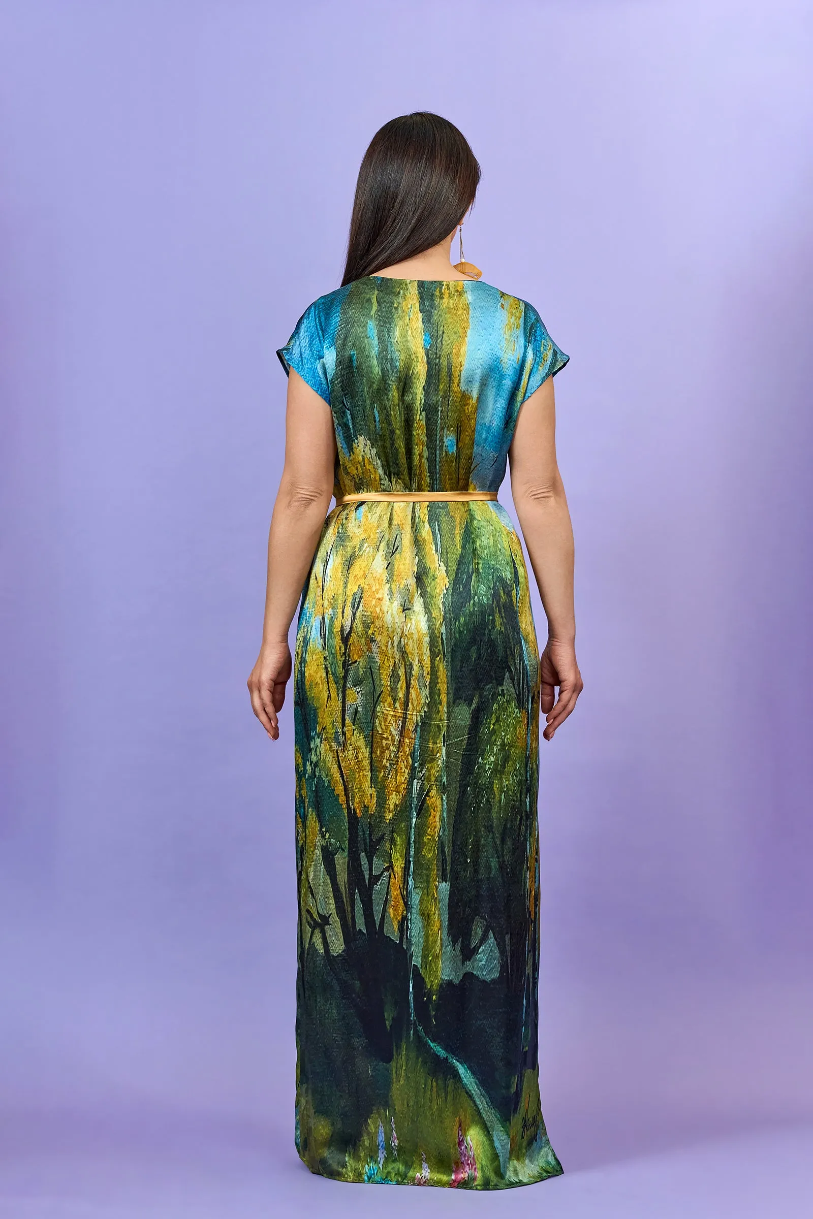 GOLD MEADOW 100% Silk Maxi Art-A-Porte Caftan Dress