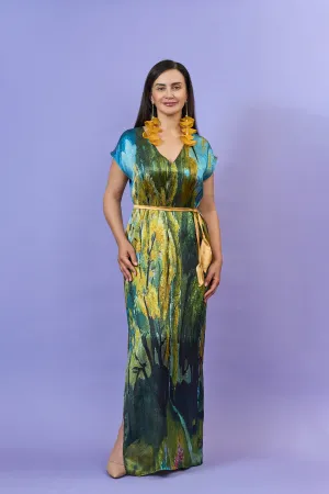 GOLD MEADOW 100% Silk Maxi Art-A-Porte Caftan Dress