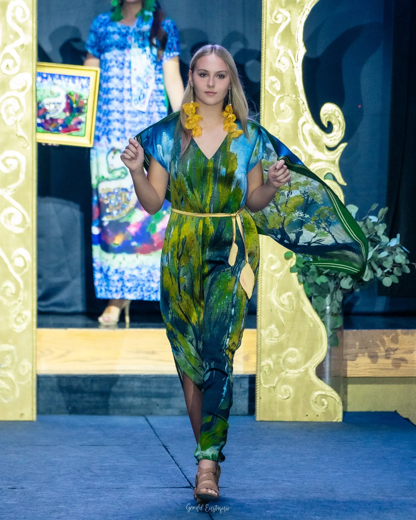 GOLD MEADOW 100% Silk Maxi Art-A-Porte Caftan Dress