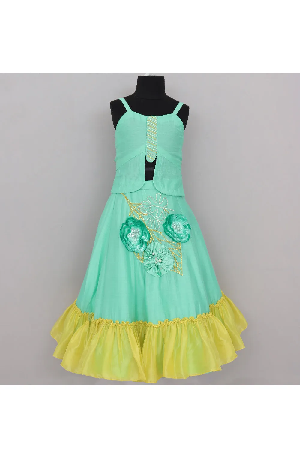Green Silk Sleeveless Top With Embroidered Lehenga Set