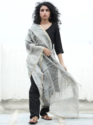 Grey White Kota Silk Hand Block Painted Dupatta - D04170446