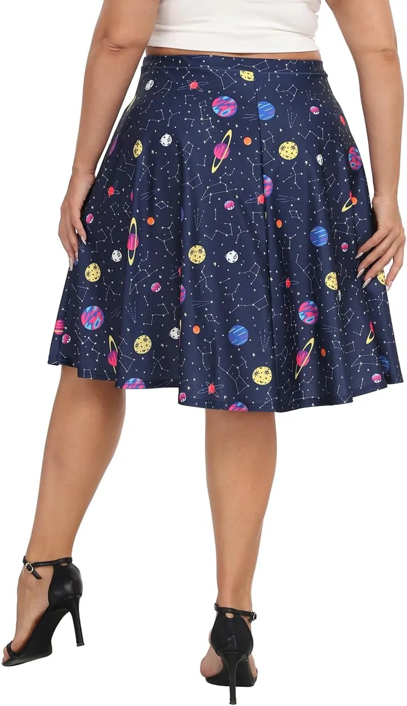 HDE Womens Plus Size Midi Skater Skirt High Waist Knee Length Skirt with Pockets