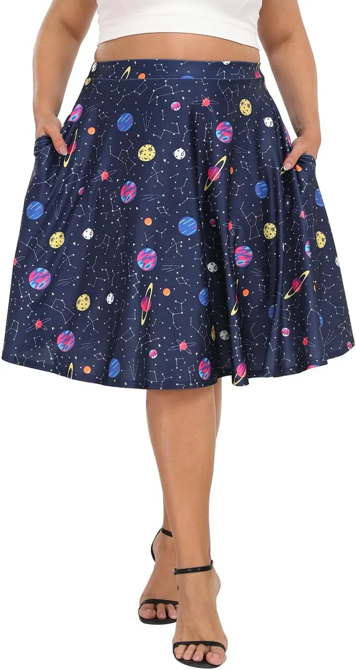 HDE Womens Plus Size Midi Skater Skirt High Waist Knee Length Skirt with Pockets