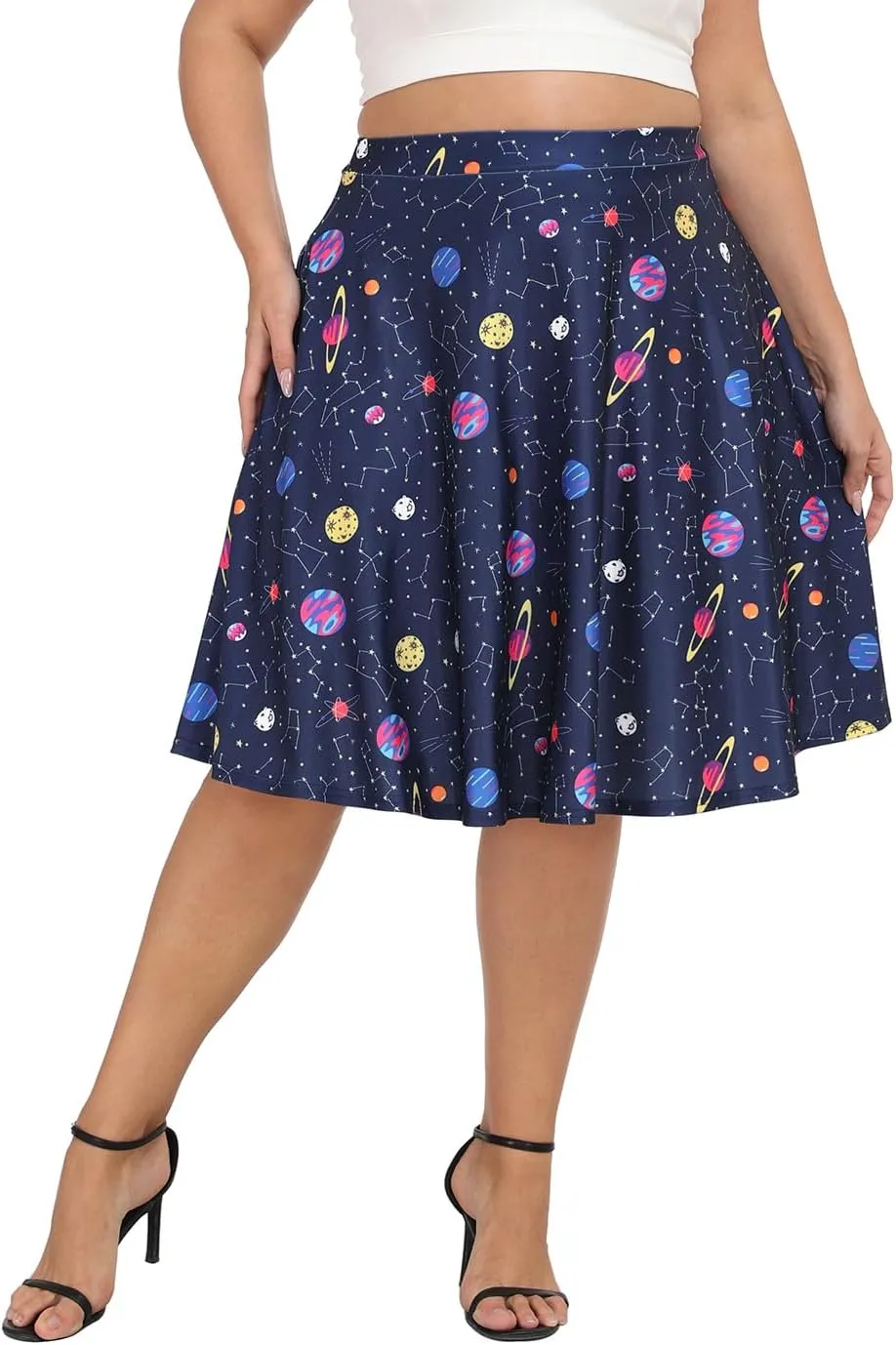 HDE Womens Plus Size Midi Skater Skirt High Waist Knee Length Skirt with Pockets