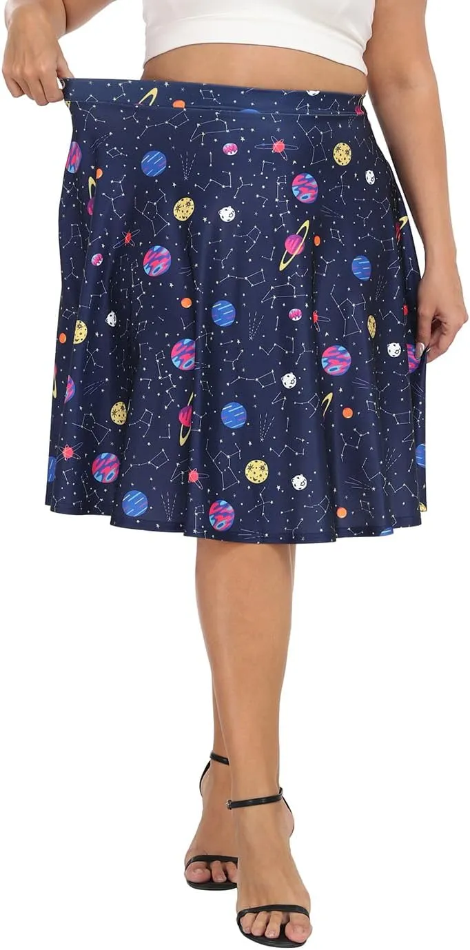 HDE Womens Plus Size Midi Skater Skirt High Waist Knee Length Skirt with Pockets