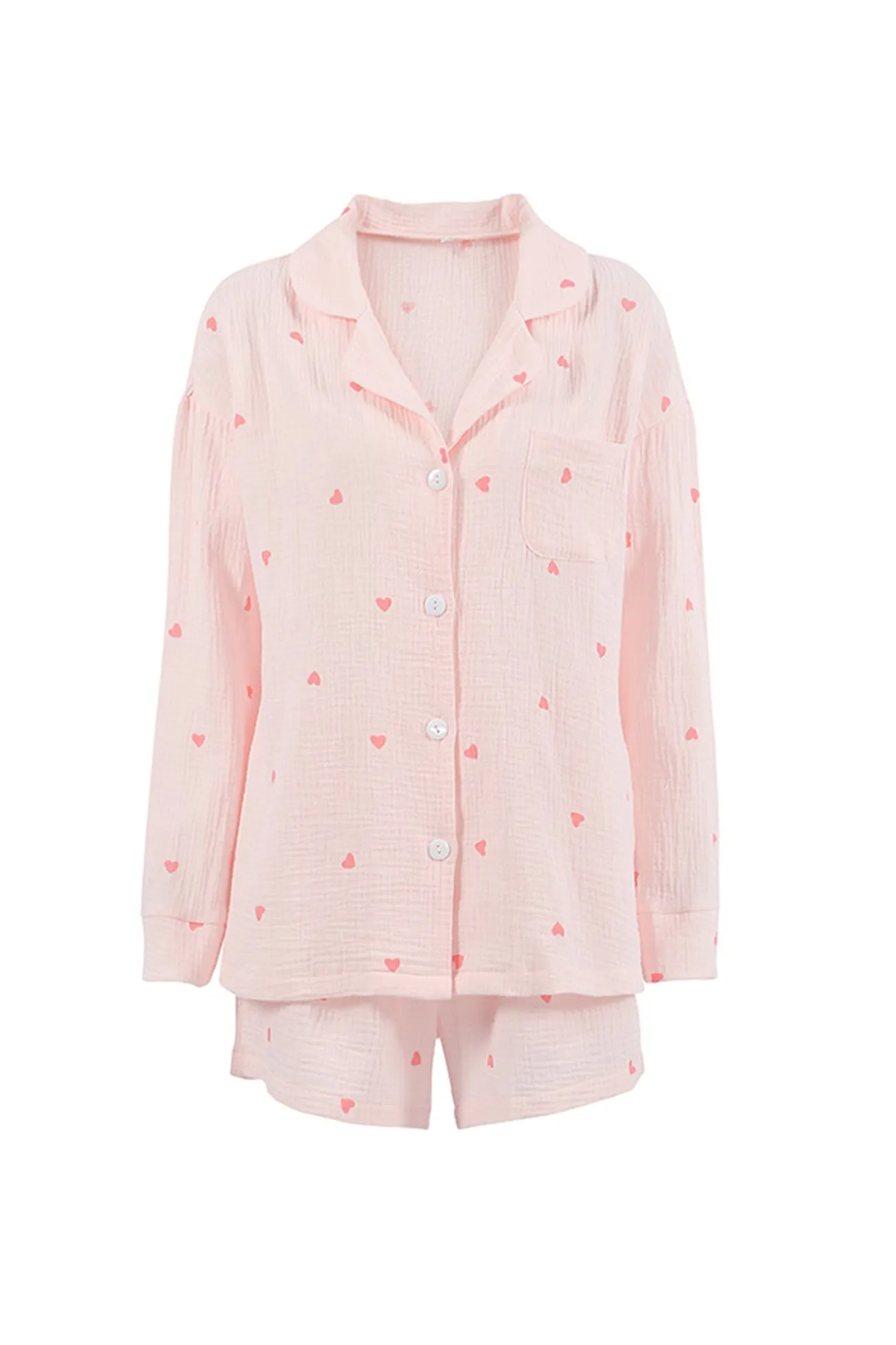 Heart Print Blouse Shorts Cotton Loungewear