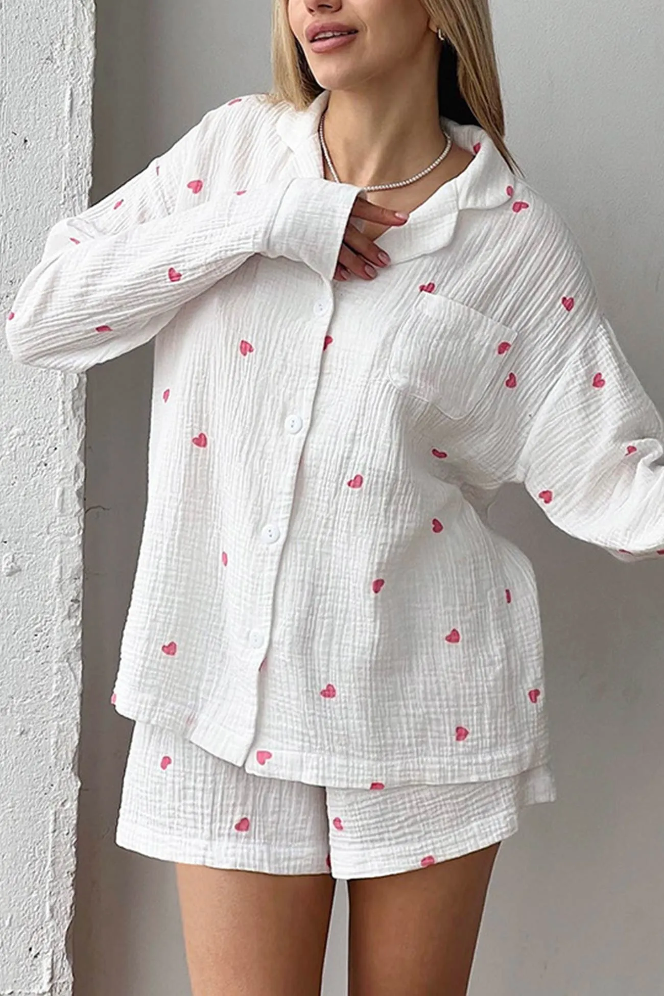 Heart Print Blouse Shorts Cotton Loungewear