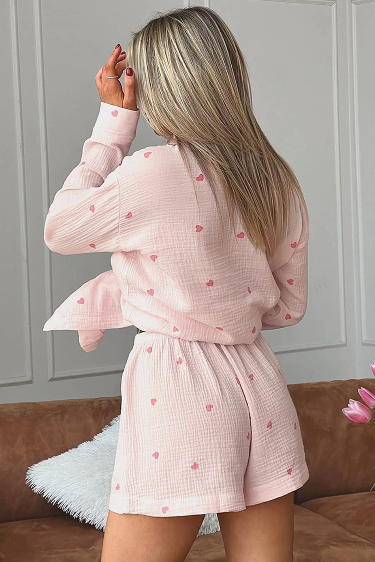 Heart Print Blouse Shorts Cotton Loungewear