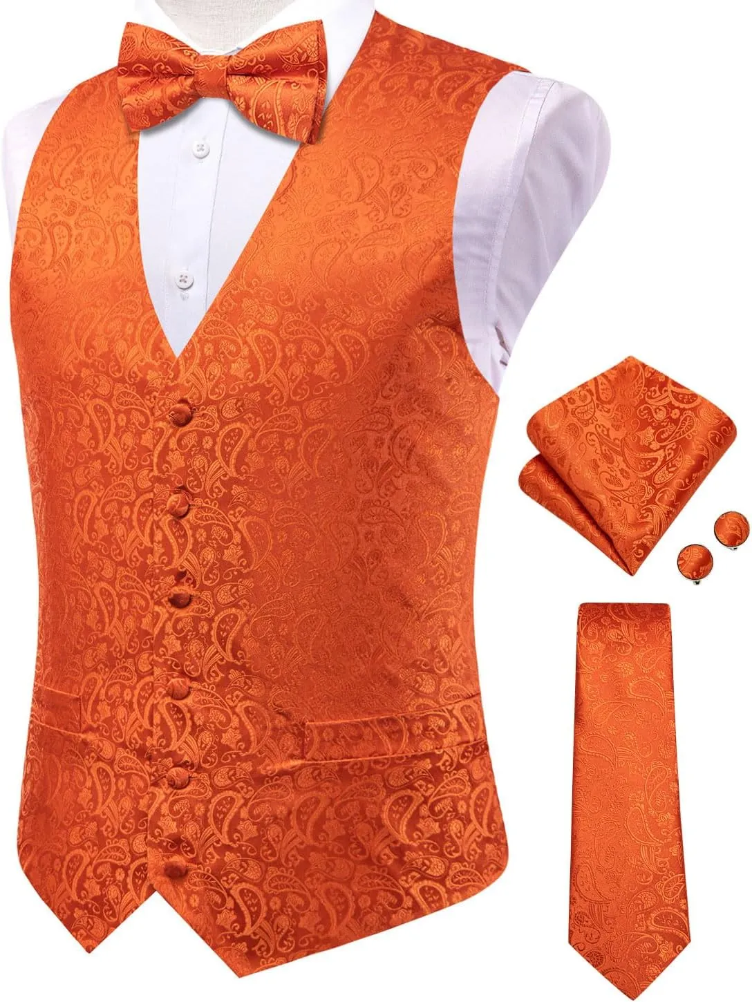 Hi-Tie Men's Silk Vest Bowtie Set Formal Suit Vest Jacquard Tie Handkerchief Cufflinks 5PCS Dress Waistcoats Wedding