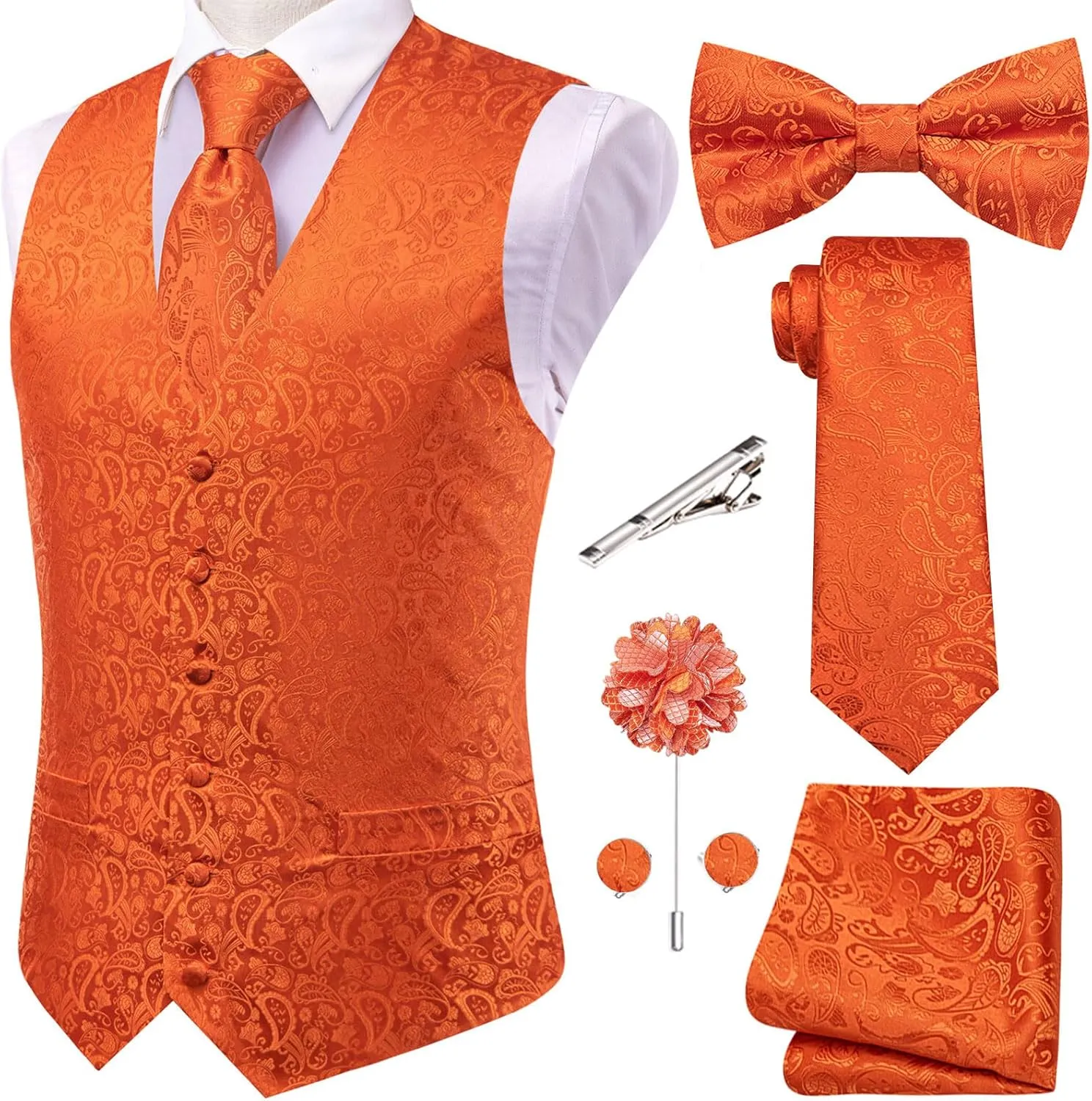 Hi-Tie Men's Silk Vest Bowtie Set Formal Suit Vest Jacquard Tie Handkerchief Cufflinks 5PCS Dress Waistcoats Wedding
