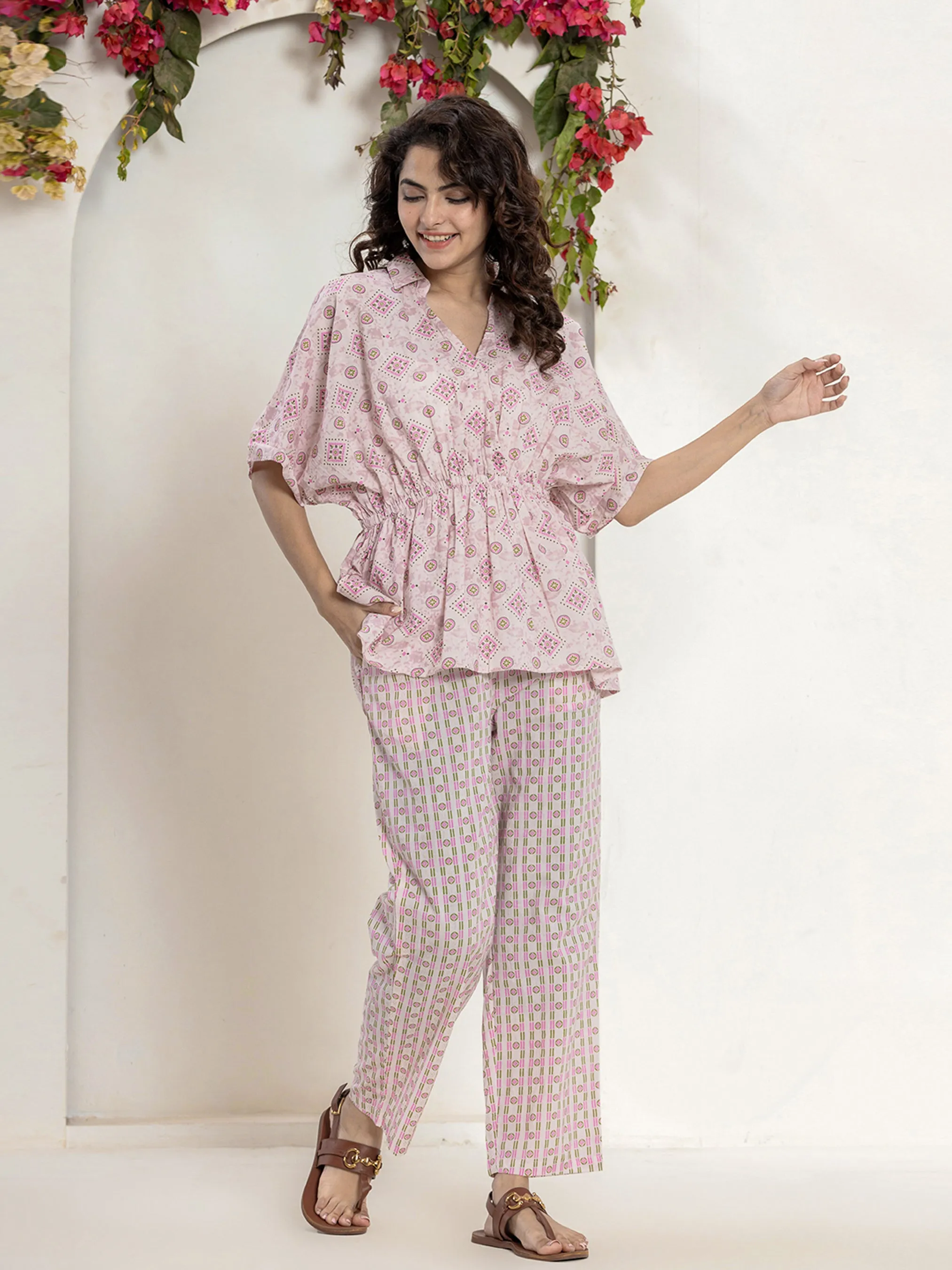 High Low Rosy Gold Pure cotton Hand Printed Loungewear