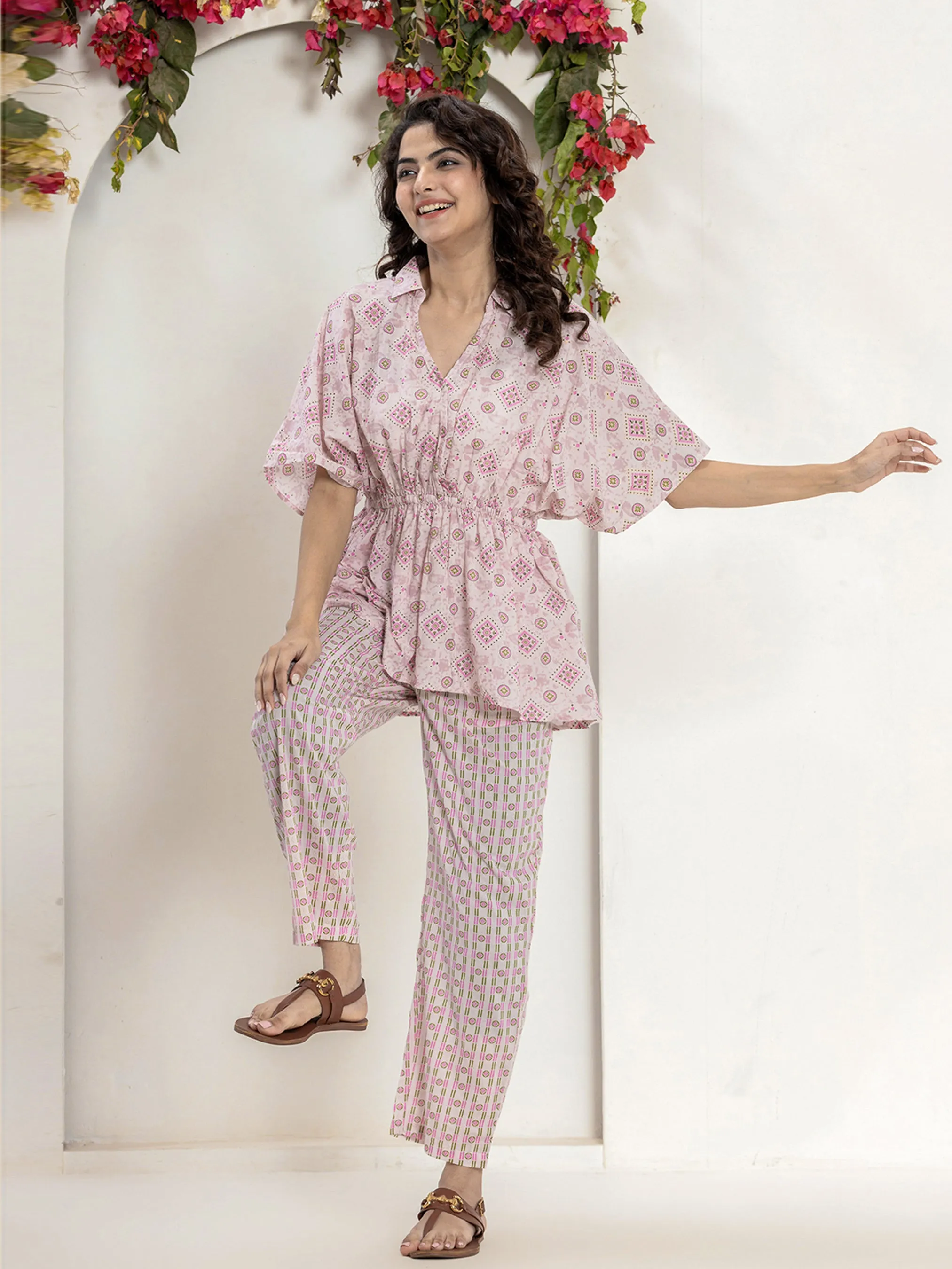 High Low Rosy Gold Pure cotton Hand Printed Loungewear