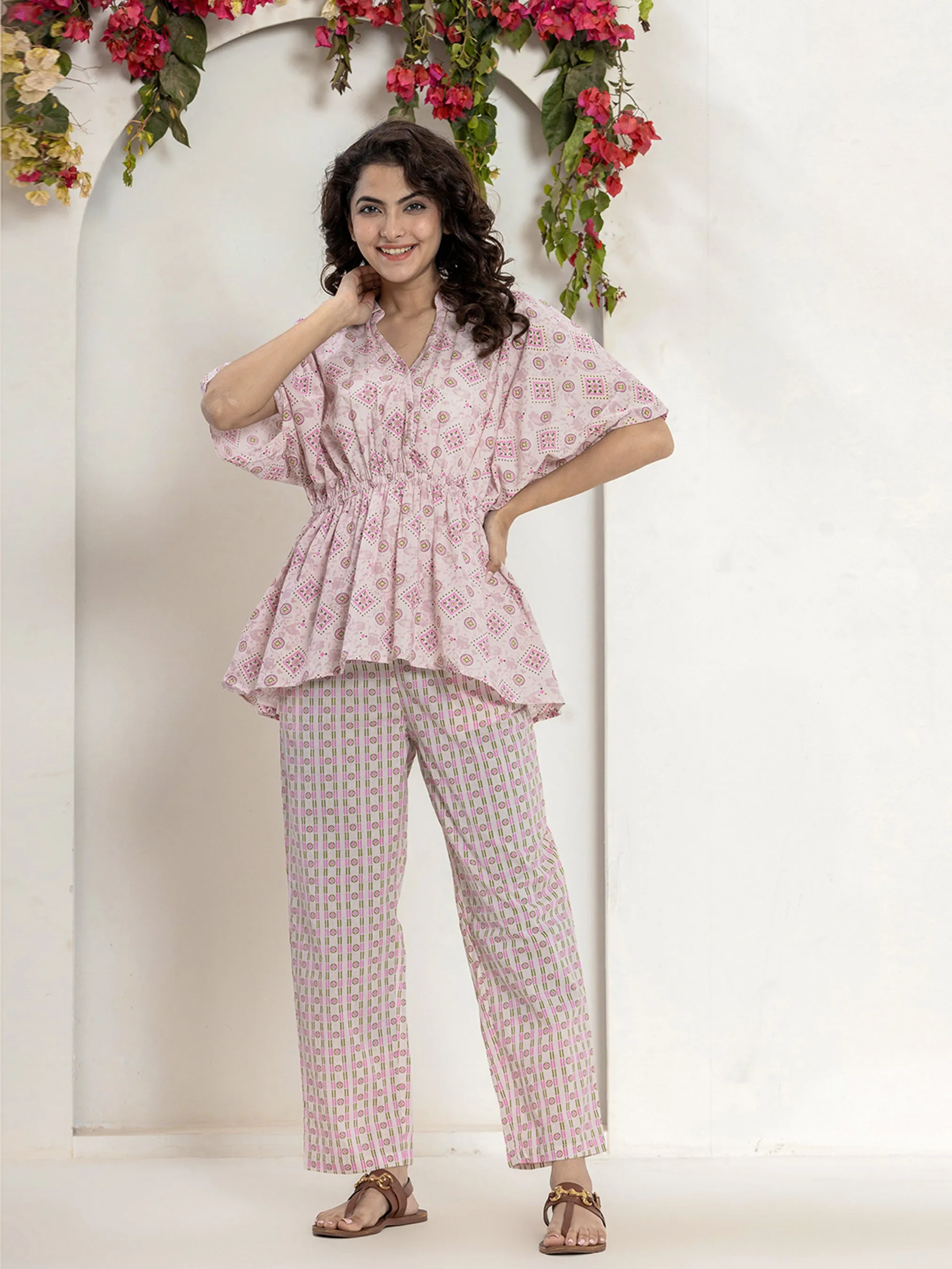 High Low Rosy Gold Pure cotton Hand Printed Loungewear