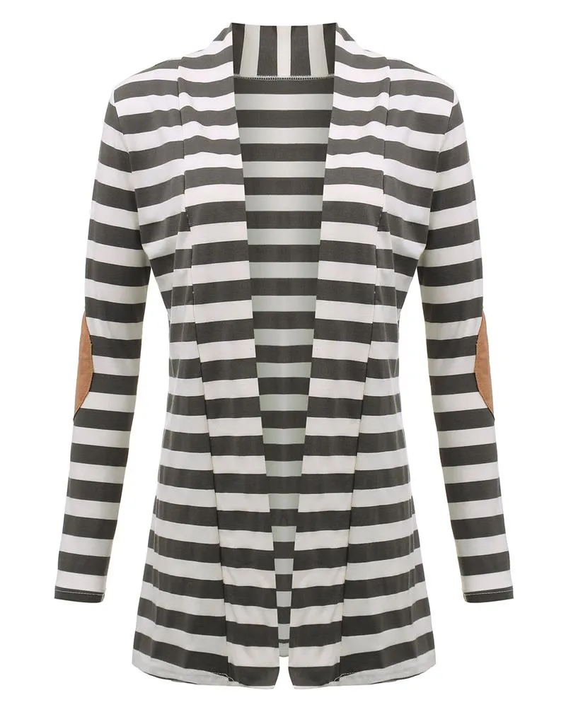 High Quality Autumn Striped Printed Elbow Patch Knitted Cardigan