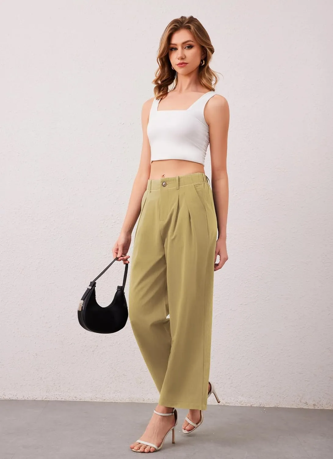 HVT Womens Work Pants High Waisted Straight Leg Pleated Pants Casual Loose Business Fluid Trousers with Pockets